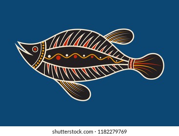 Fish. Aboriginal Art Style. Vector Color Illustration Isolated On Blue Background.