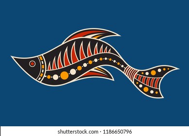 Fish. Aboriginal art style. Vector color illustration isolated on blue background.