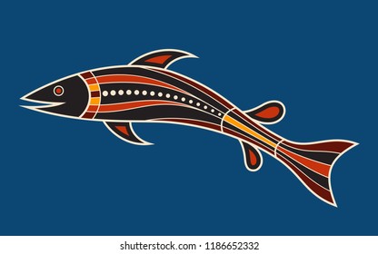 Fish. Aboriginal art style. Vector color illustration isolated on blue background.