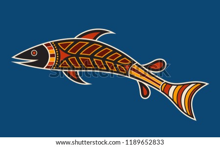 Fish. Aboriginal art style. Vector color illustration isolated on blue background.
