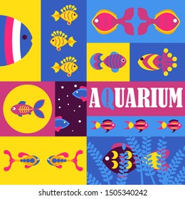 Fish abstract colorful collage, vector illustration. Background, icons and stickers for pet shop with decorative aquarium fish. Set of various banners in cartoon flat style, with space for text