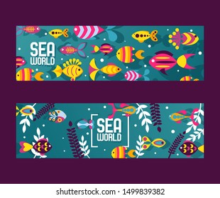 Fish, abstract colorful sea creatures, vector illustration. Banners for pet shop or zoo website. Decorative aquarium fish in cartoon flat style. Ocean underwater life. Web page header, card or flyer