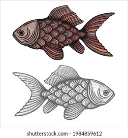 Fish abstract drawings set. Hand drawn fish vintage, engraving style vector illustrations. Part of set.