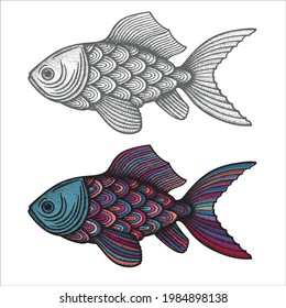 Fish abstract drawings set. Hand drawn fish vintage, engraving style vector illustrations. Part of set.