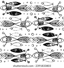 Fish, abstract geometric style. Abstract grunge background. Vector hand drawn sketch illustration. Sloppy doodle grunge style. Seamless pattern