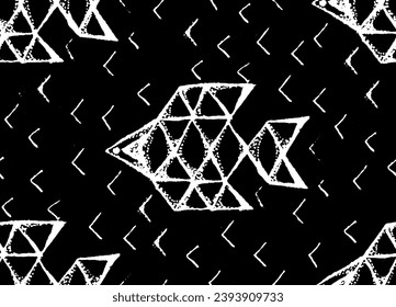 Fish, abstract geometric style. Abstract grunge background. Vector hand drawn sketch illustration. Sloppy doodle grunge style