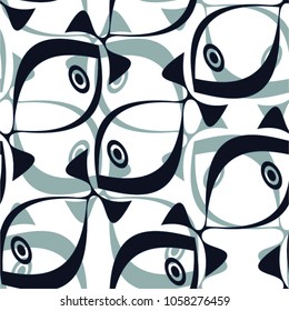 Fish in abstract pattern, seamless vector background.