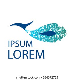 Fish abstract texturized logo template. Whale vector icon. Seafood, fishing, diving and swimmingpool concept. 