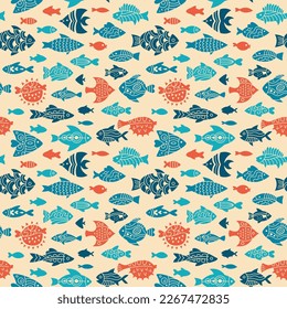 Fish abstract tropical ornamental seamless pattern. Linear doodle trendy exotic aquarium animal boundless ornament, cartoon nautical repeat wallpaper. Ornament freshwater, sea fishes stamp background