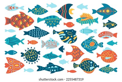 Fish with abstract tropical ornaments doodle set. Flat linear modern trendy exotic aquarium animals, nautical cartoon illustration. Various simple ornamental freshwater, sea fishes vector element