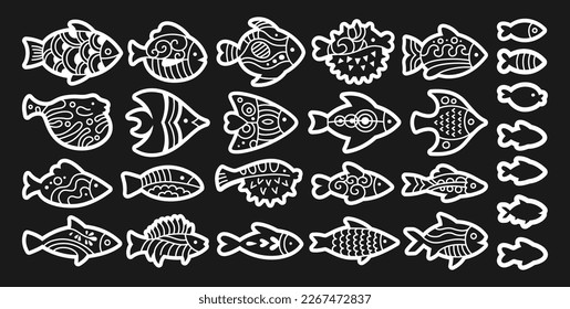 Fish with abstract tropical ornaments doodle set. Linear modern trendy exotic aquarium animal, nautical stylized cartoon illustration. Various contour ornamental freshwater, sea fishes vector element