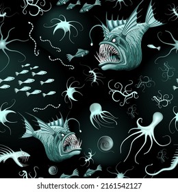Fish Abyssal Monster And Bioluminescent Sea Creatures On Deep Ocean Zone Vector Seamless Textile Patten

