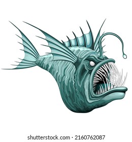 Fish Abyssal Monster Creature with bioluminescent bait on its head Vector Illustration isolated on white