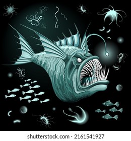 Fish Abyssal Monster on dark deep ocean zone, with bioluminescent bait on its head Vector Illustration
