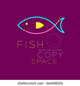 Fish and Air bubble logo icon outline stroke set dash line design illustration blue pink and yellow color isolated on purple background with Fish text and copy space, vector eps10