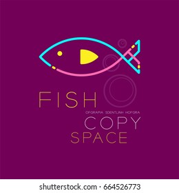Fish and Air bubble logo icon outline stroke set dash line design illustration blue pink and yellow color isolated on purple background with Fish text and copy space, vector eps10