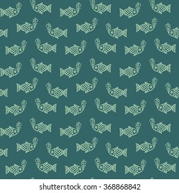 Fish with air bubbles on a green background. Vector seamless pattern.
