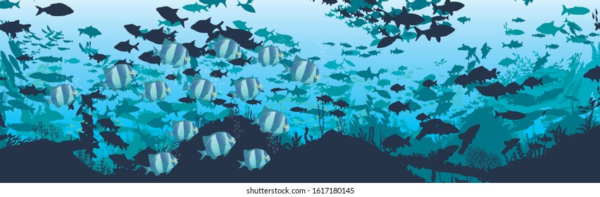 fish and algae on the background of reefs. Underwater ocean scene. Deep blue water, coral reef and underwater plants. a beautiful underwater scene; a vector seascape with reef.