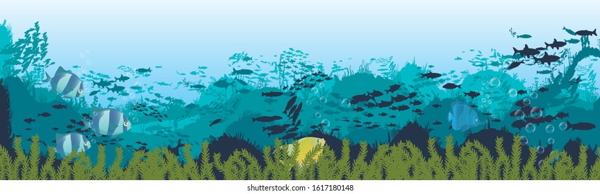 fish and algae on the background of reefs. Underwater ocean scene. Deep blue water, coral reef and underwater plants. a beautiful underwater scene; a vector seascape with reef.