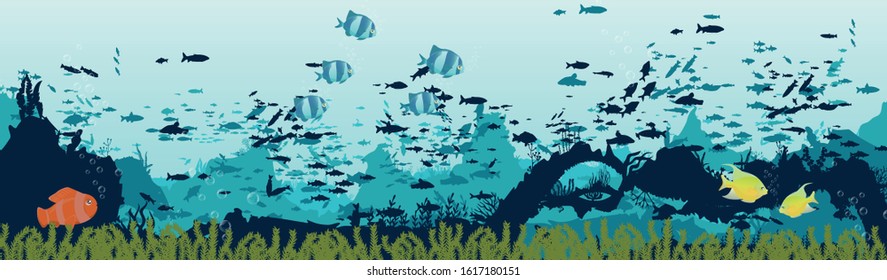 fish and algae on the background of reefs. Underwater ocean scene. Deep blue water, coral reef and underwater plants. a beautiful underwater scene; a vector seascape with reef.