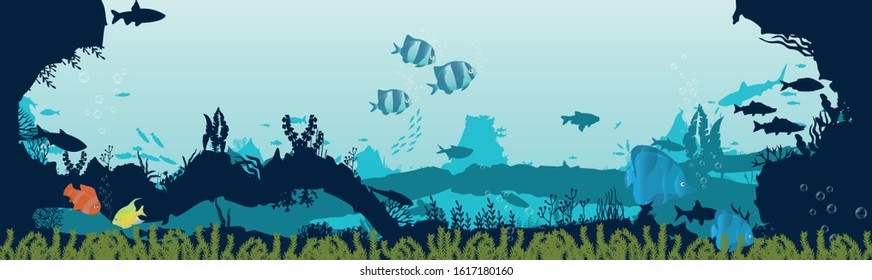 fish and algae on the background of reefs. Underwater ocean scene. Deep blue water, coral reef and underwater plants. a beautiful underwater scene; a vector seascape with reef.
