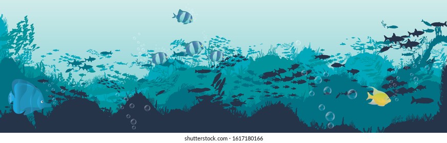 fish and algae on the background of reefs. Underwater ocean scene. Deep blue water, coral reef and underwater plants. a beautiful underwater scene; a vector seascape with reef.