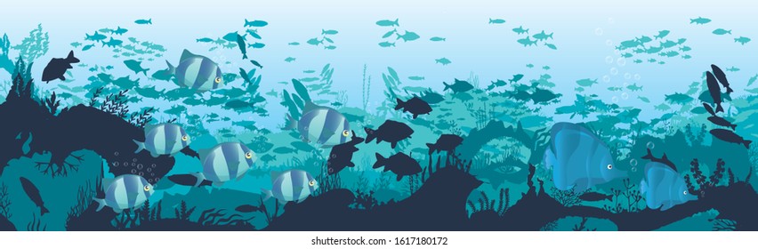 fish and algae on the background of reefs. Underwater ocean scene. Deep blue water, coral reef and underwater plants. a beautiful underwater scene; a vector seascape with reef.