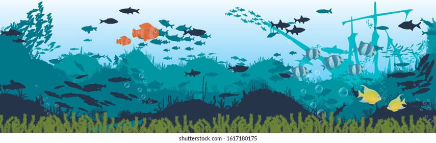 fish and algae on the background of reefs. Underwater ocean scene. Deep blue water, coral reef and underwater plants. a beautiful underwater scene; a vector seascape with reef.