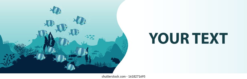 fish and algae on the background of reefs. Underwater ocean scene. Deep blue water, coral reef and underwater plants. a beautiful underwater scene; a vector seascape with reef.