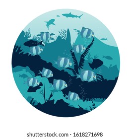 fish and algae on the background of reefs. Underwater ocean scene. Deep blue water, coral reef and underwater plants. a beautiful underwater scene; a vector seascape with reef.
