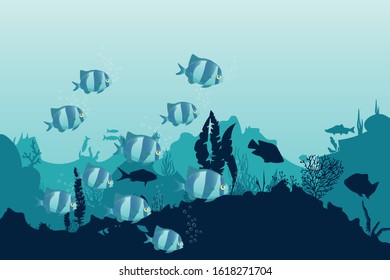 fish and algae on the background of reefs. Underwater ocean scene. Deep blue water, coral reef and underwater plants. a beautiful underwater scene; a vector seascape with reef.