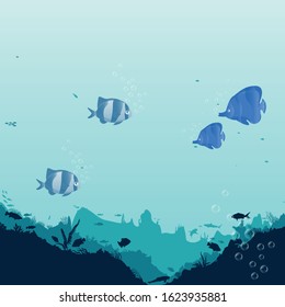 fish and algae on the background of reefs. Underwater ocean scene. Deep blue water, coral reef and underwater plants. a beautiful underwater scene; a vector seascape with reef.