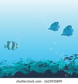 fish and algae on the background of reefs. Underwater ocean scene. Deep blue water, coral reef and underwater plants. a beautiful underwater scene; a vector seascape with reef.