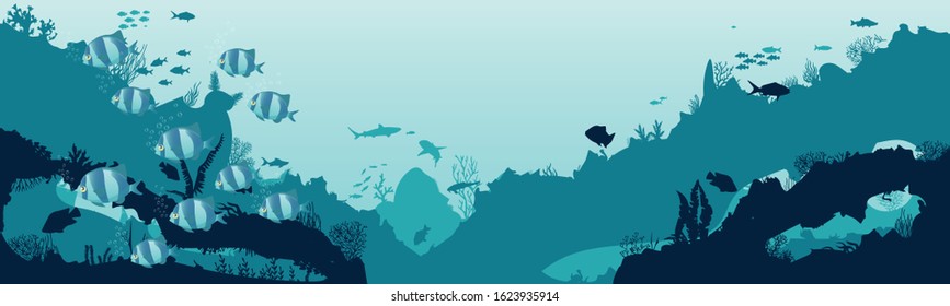 fish and algae on the background of reefs. Underwater ocean scene. Deep blue water, coral reef and underwater plants. a beautiful underwater scene; a vector seascape with reef.