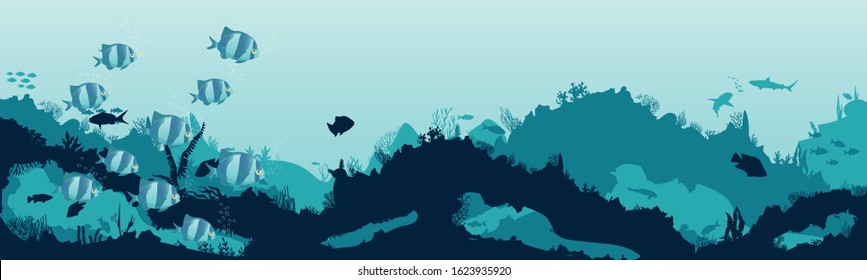 fish and algae on the background of reefs. Underwater ocean scene. Deep blue water, coral reef and underwater plants. a beautiful underwater scene; a vector seascape with reef.