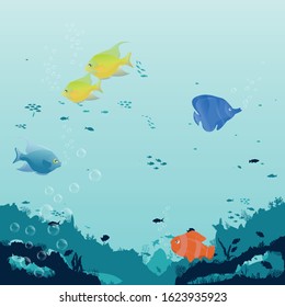 fish and algae on the background of reefs. Underwater ocean scene. Deep blue water, coral reef and underwater plants. a beautiful underwater scene; a vector seascape with reef.