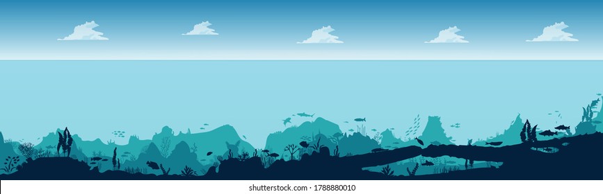 
Fish and algae on the background of the reefs. Seascape with clouds. Panorama underwater ocean scene. Deep blue water, coral reef and underwater plants. beautiful underwater scene.