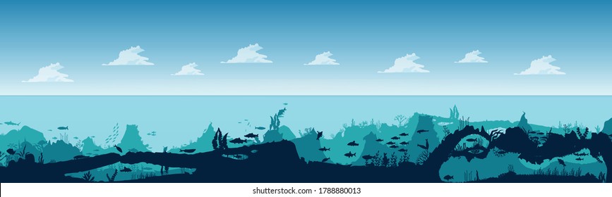 
Pescado y algas en el fondo de los arrecifes. El paisaje marino con nubes. Panorama de la escena submarina. Agua azul profunda, arrecife de coral y plantas submarinas. hermosa escena submarina.