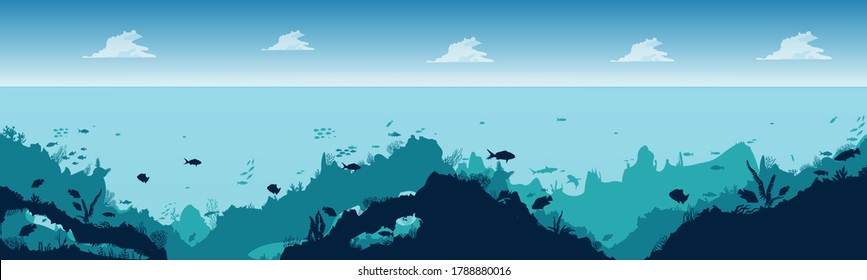 
Fish and algae on the background of the reefs. Seascape with clouds. Panorama underwater ocean scene. Deep blue water, coral reef and underwater plants. beautiful underwater scene.