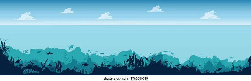 
Fish and algae on the background of the reefs. Seascape with clouds. Panorama underwater ocean scene. Deep blue water, coral reef and underwater plants. beautiful underwater scene.