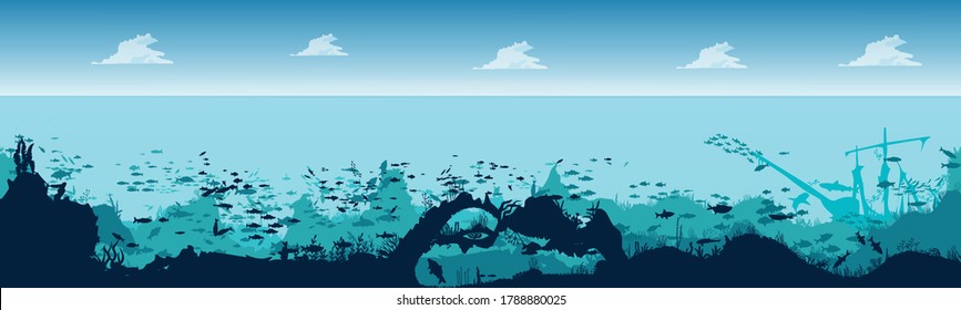 
Fish and algae on the background of the reefs. Seascape with clouds. Panorama underwater ocean scene. Deep blue water, coral reef and underwater plants. beautiful underwater scene.