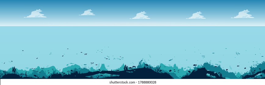 
Fish and algae on the background of the reefs. Seascape with clouds. Panorama underwater ocean scene. Deep blue water, coral reef and underwater plants. beautiful underwater scene.