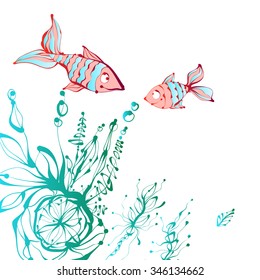 Fish, algae in the sea. Funny hand drawn vector illustration.