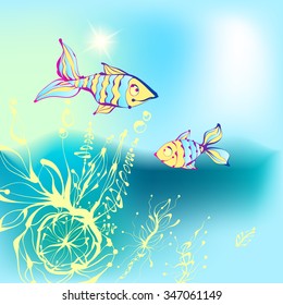 Fish, algae in the sea. Funny hand drawn vector illustration.