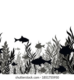 fish and algae, seamless pattern, border, vector illustration