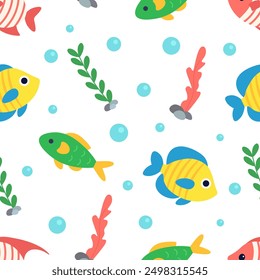 Fish and algae. Seamless pattern on white background