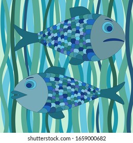 Fish, algae. vector drawing, cartoon style