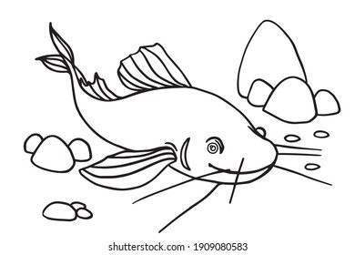 Fish and algae in the water. Aquarium. Can be used for coloring book for kids. Vector illustration.