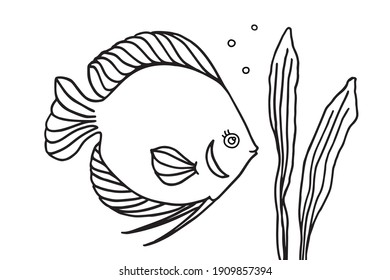 Fish and algae in the water. Aquarium. Can be used for coloring book for kids. Vector illustration.