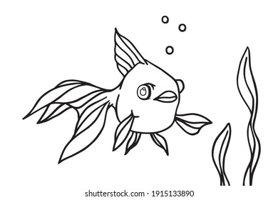 Fish and algae in the water. Aquarium. Can be used for coloring book for kids. Vector illustration.